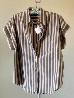 NWT Brunello Cucinelli Brown and White Vertical Stripe Short-Sleeve Shirt